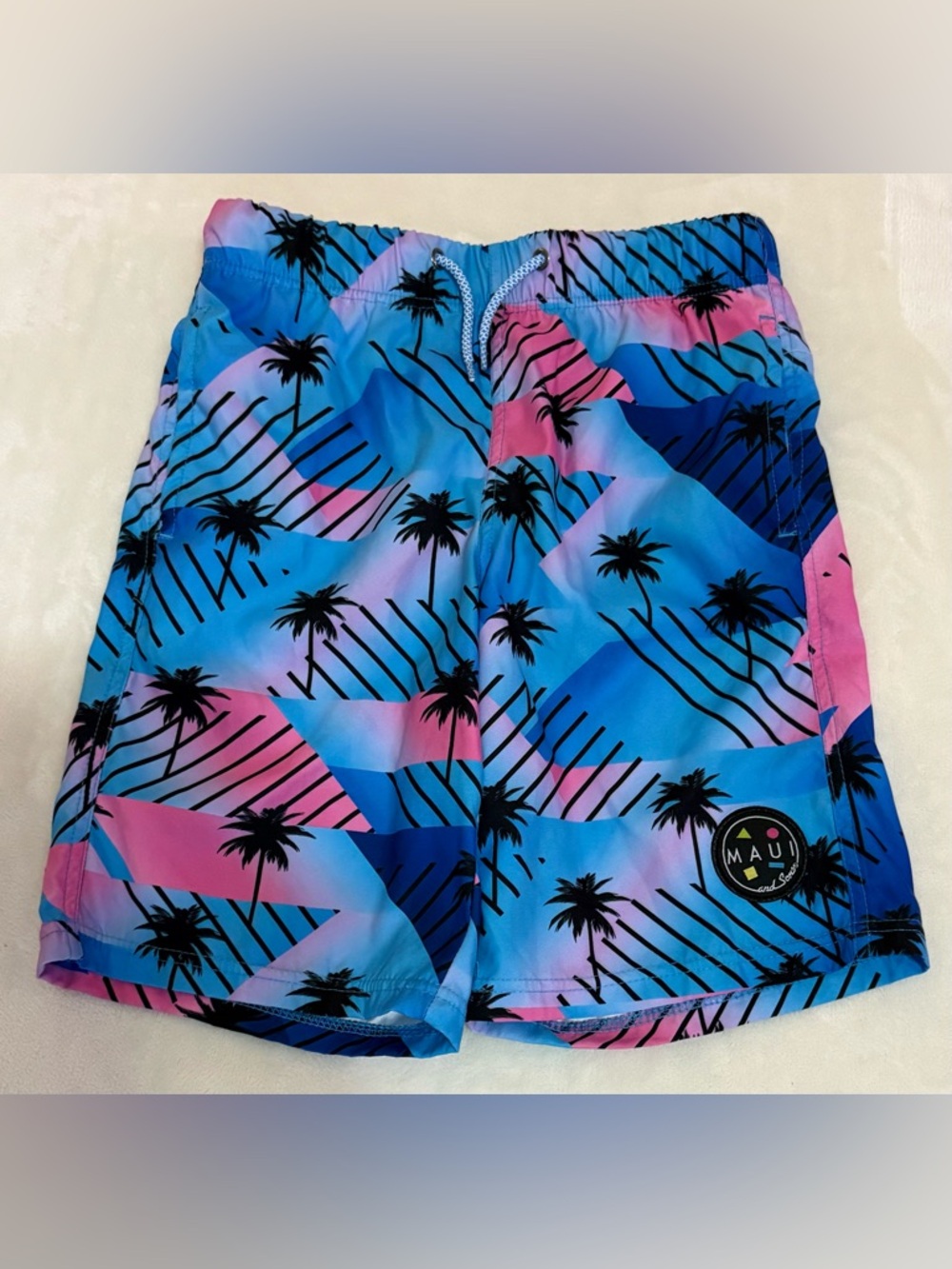 Maui and Sons Blue & Pink Palm Print Swim Trunks